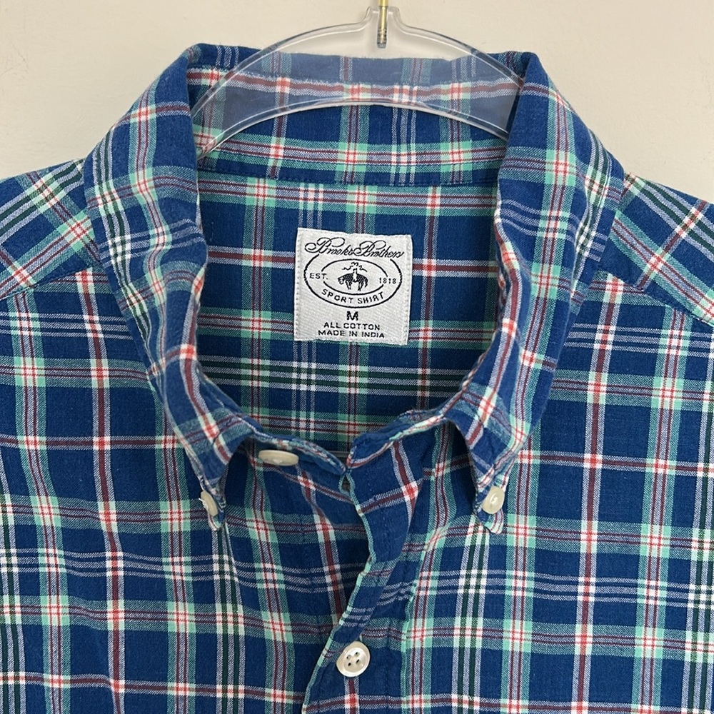 Brooks Brothers Sport Shirt Blue Medium‎ Short Sleeve Plaid Cotton Button Down - Picture 2 of 5